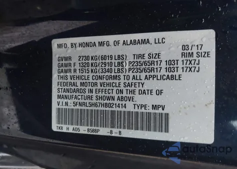 2017 Honda Odyssey Ex-L из США, поврежденный, VIN 5FNRL5H67HB021414